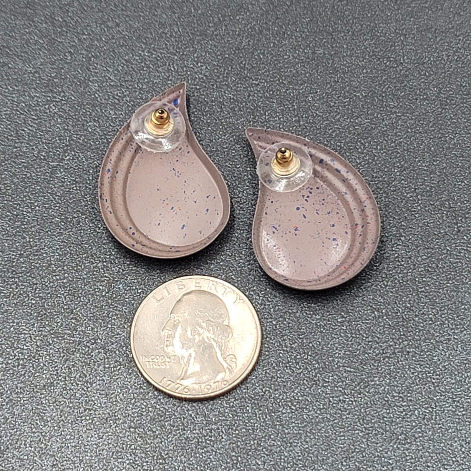 Vintage Pierced Earrings Purple Speckle Enamel Paisley Teardrop 1.5"