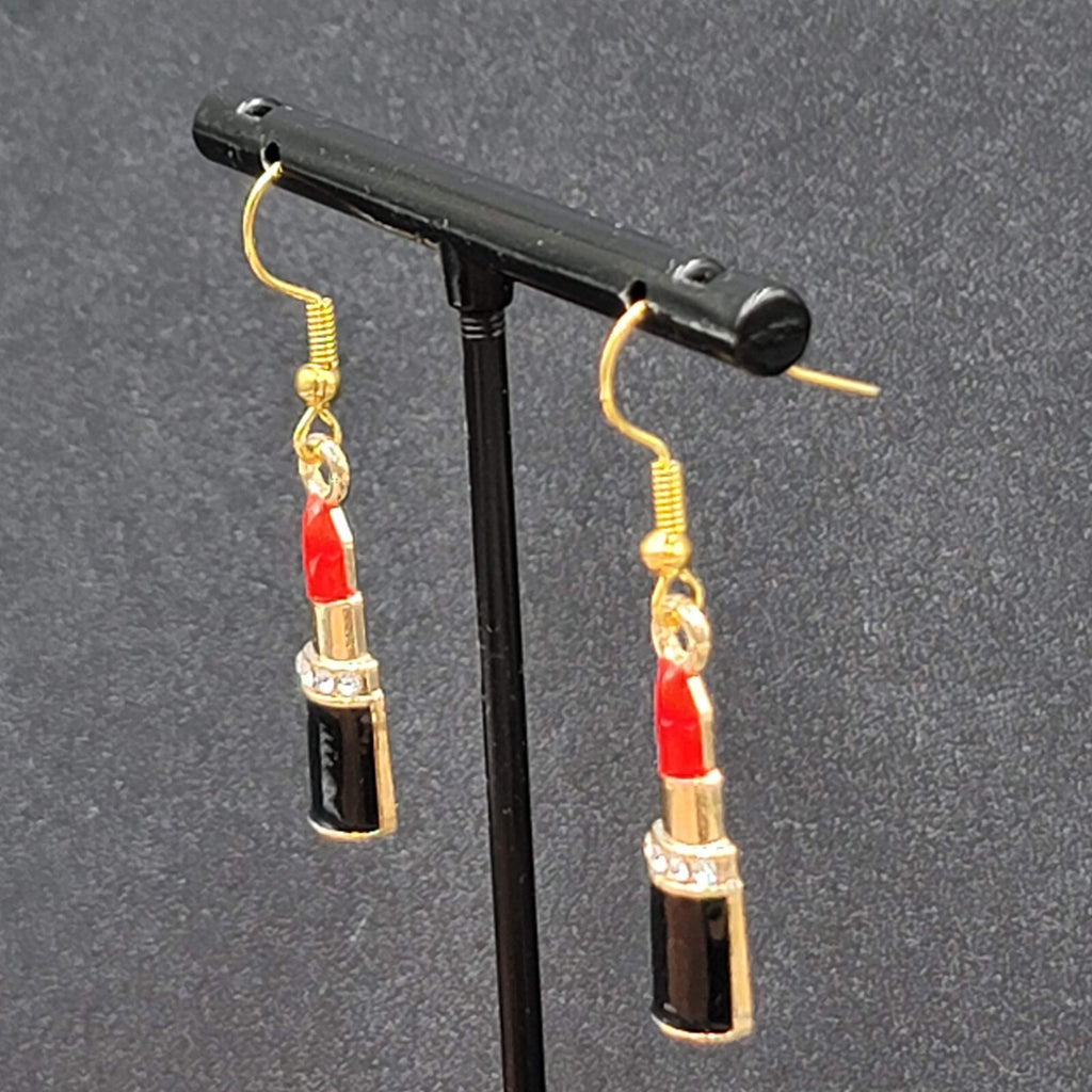Lipstick Pierced Earrings 3D Gold tone Red Black Enamel Crystal Dangle 1"