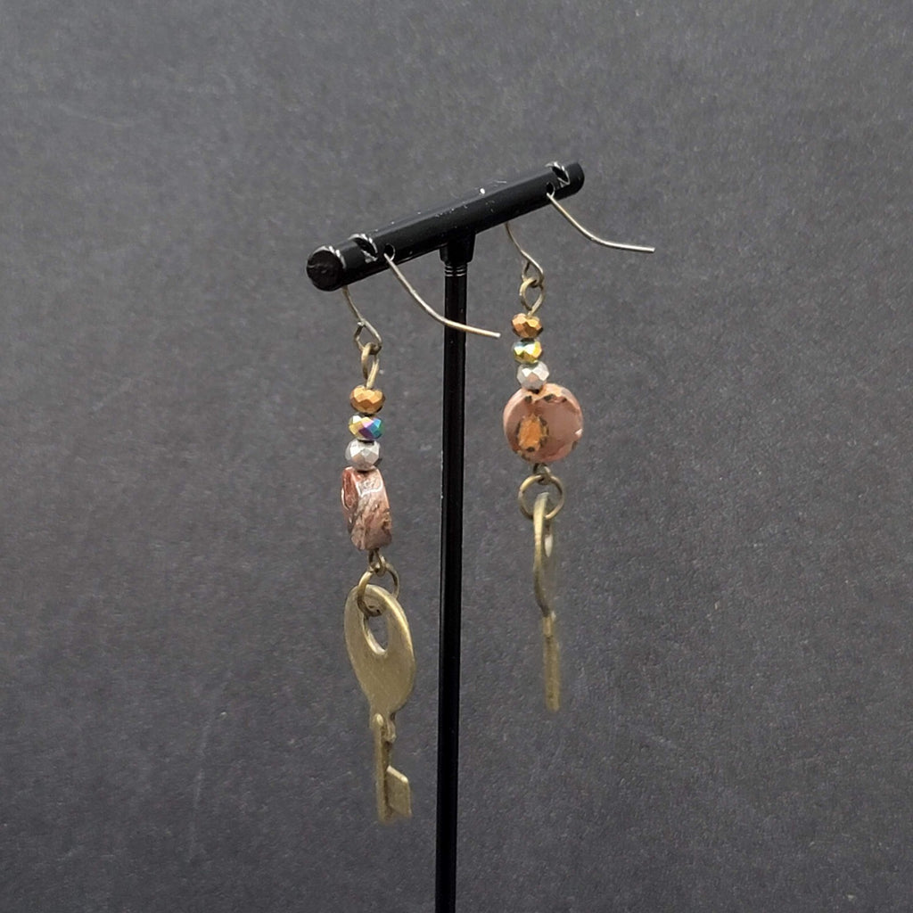 KEY Pierced Earrings Antiqued Gold tone Agate Stone Bead Dangle 2.25"