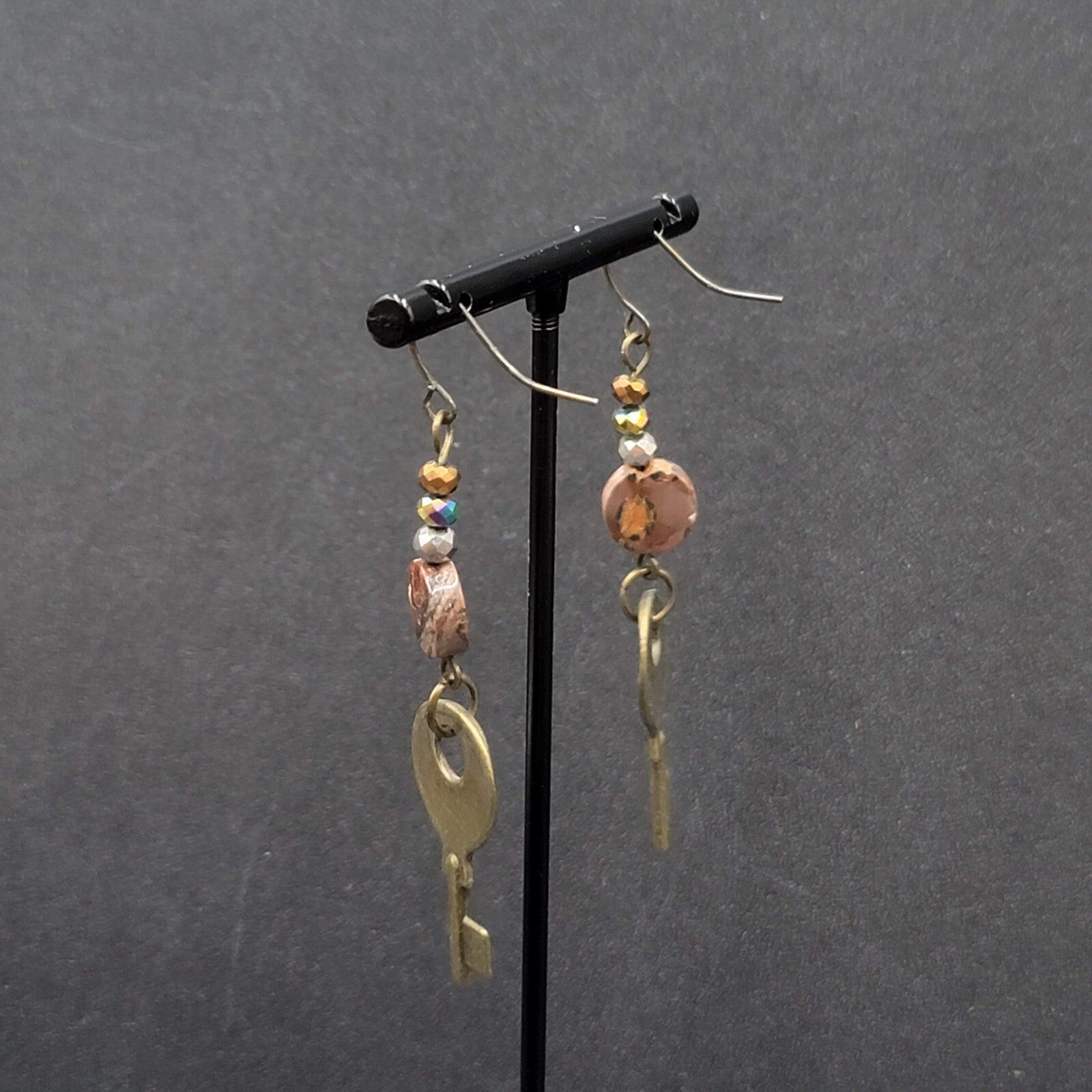 KEY Pierced Earrings Antiqued Gold tone Agate Stone Bead Dangle 2.25"