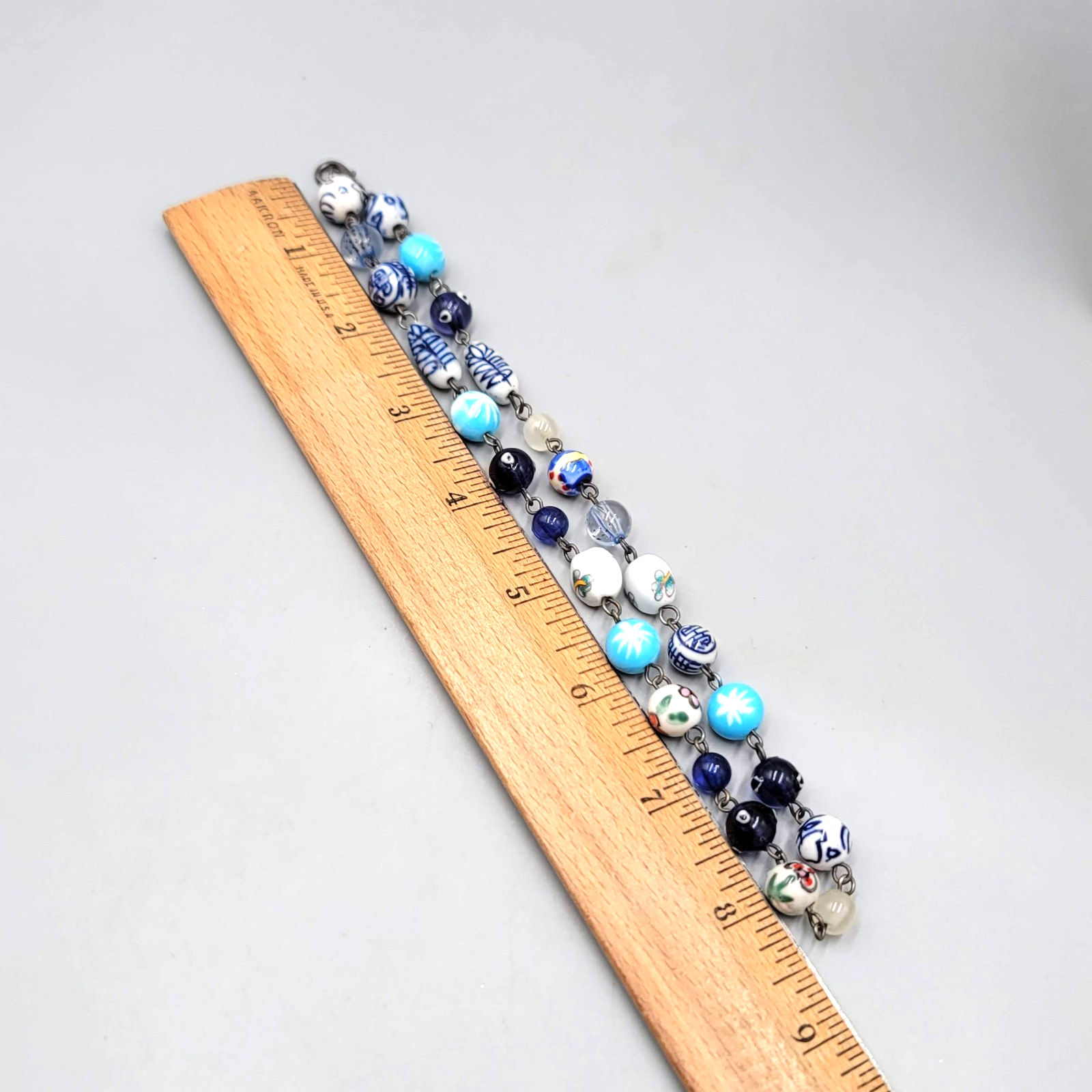 Eclectic Blue Glass Bead Necklace Flowers Multicolor Silver tone 16 in