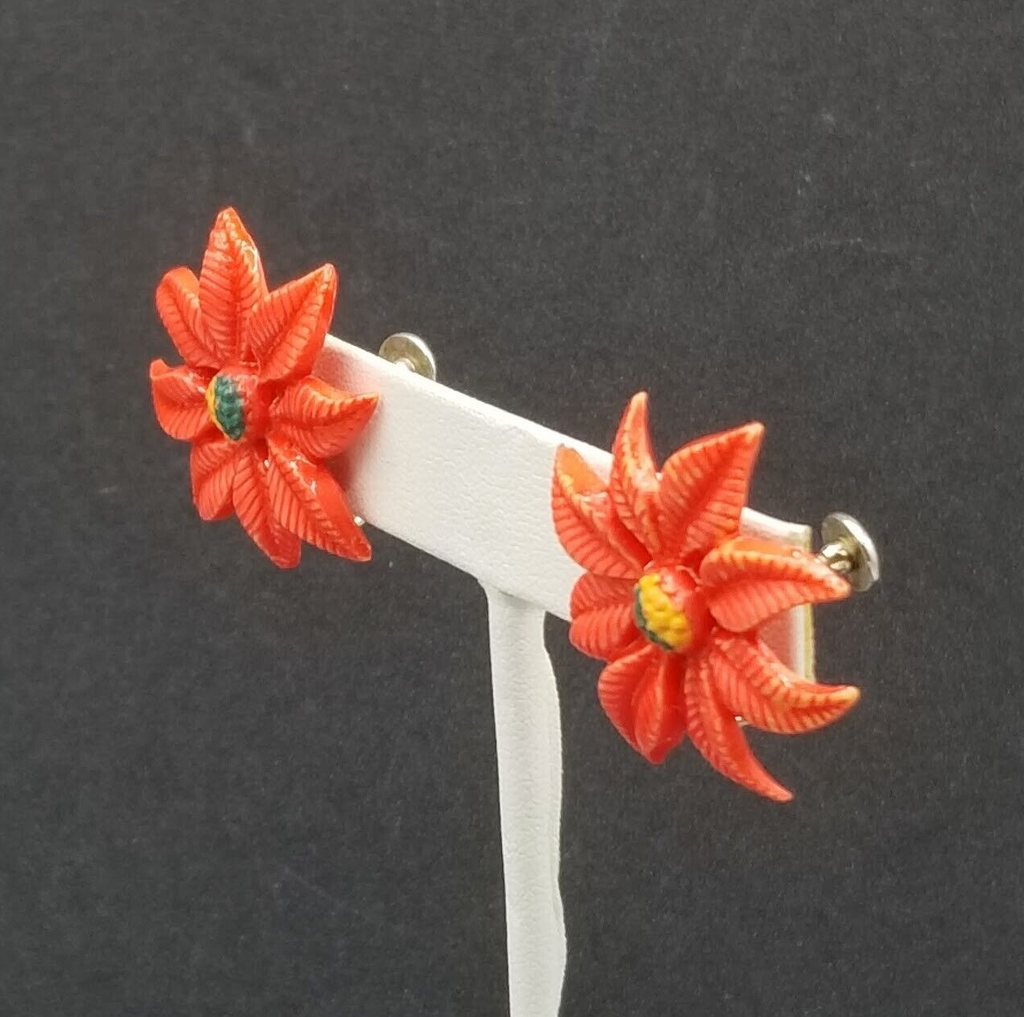 Vintage Clip On Red Acrylic Poinsettia Christmas Stud 1 1/8"