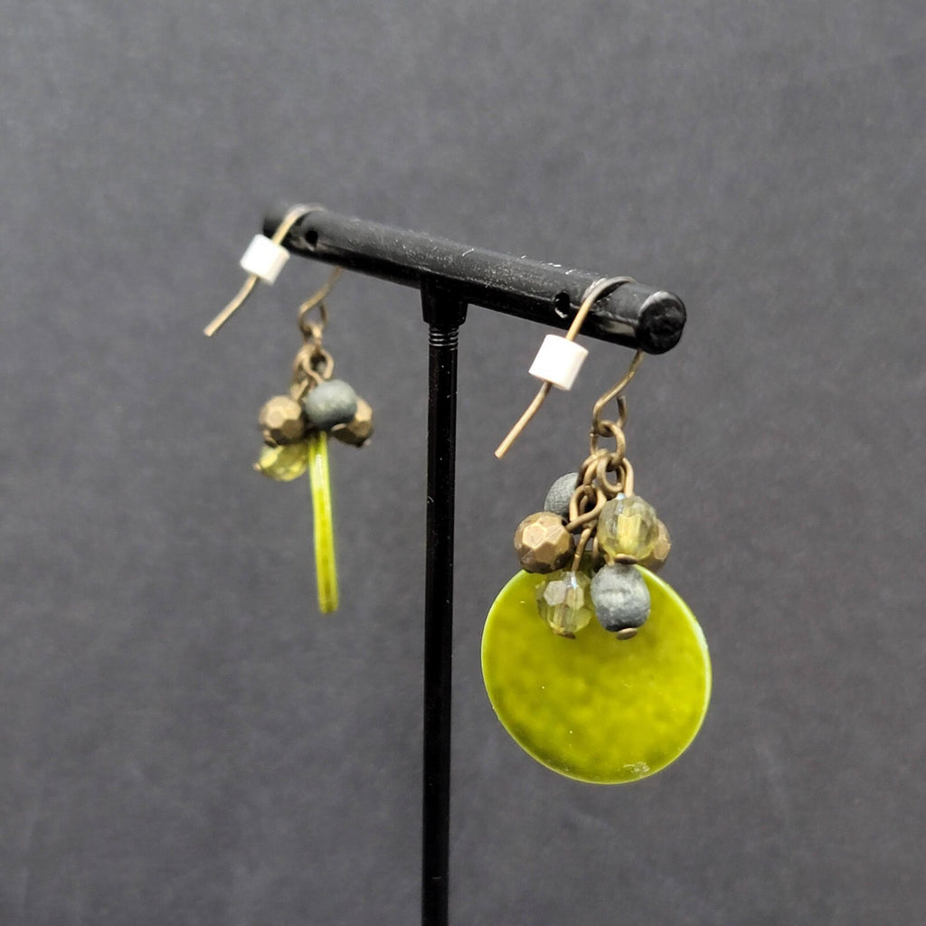 Pierced Earrings Green Shell and Beaded Dangle 1.25"
