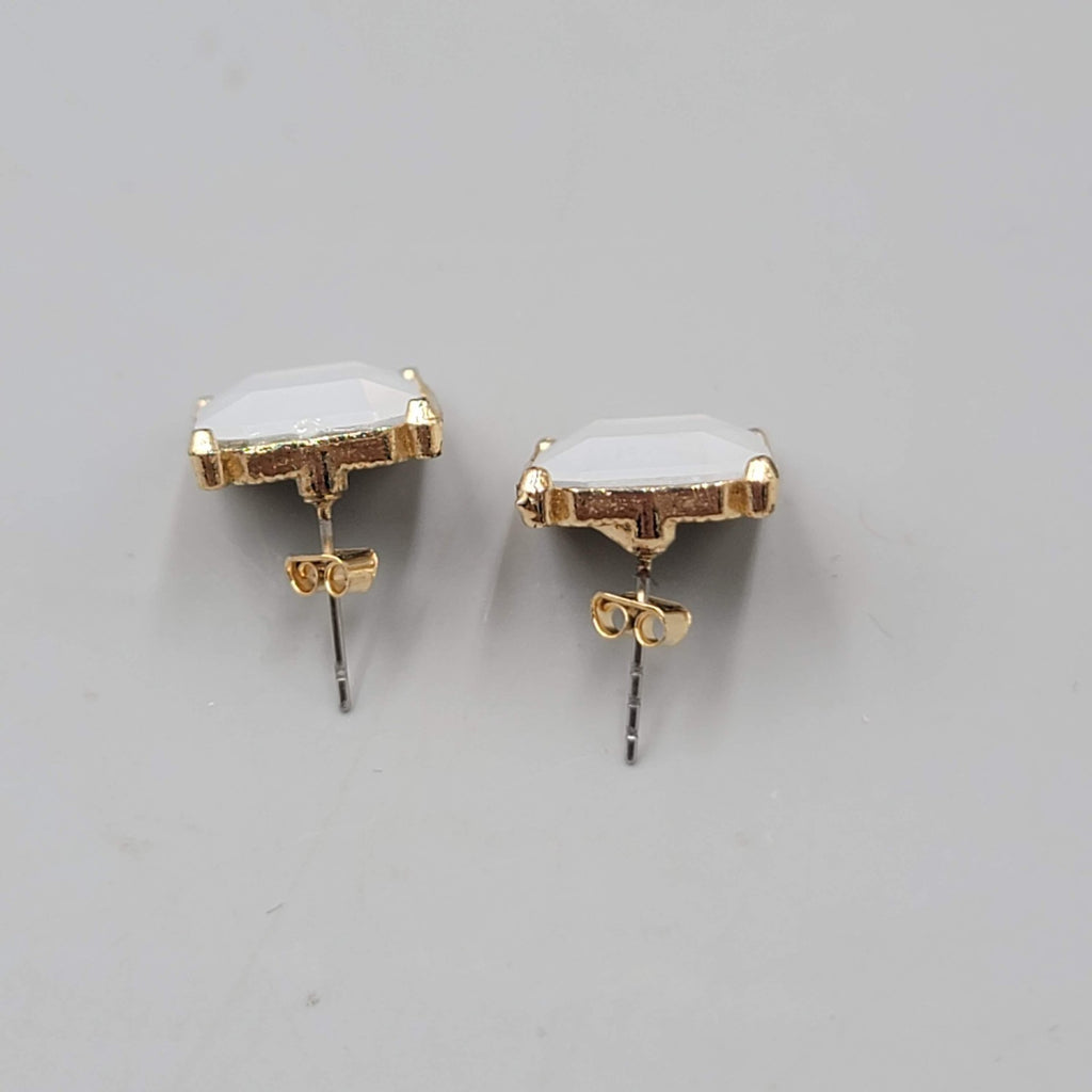 Opaque White Rectangle Pierced Earrings Gold tone Drop 3/4"