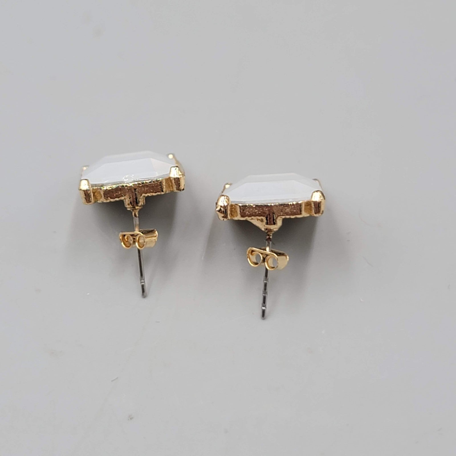 Opaque White Rectangle Pierced Earrings Gold tone Drop 3/4"