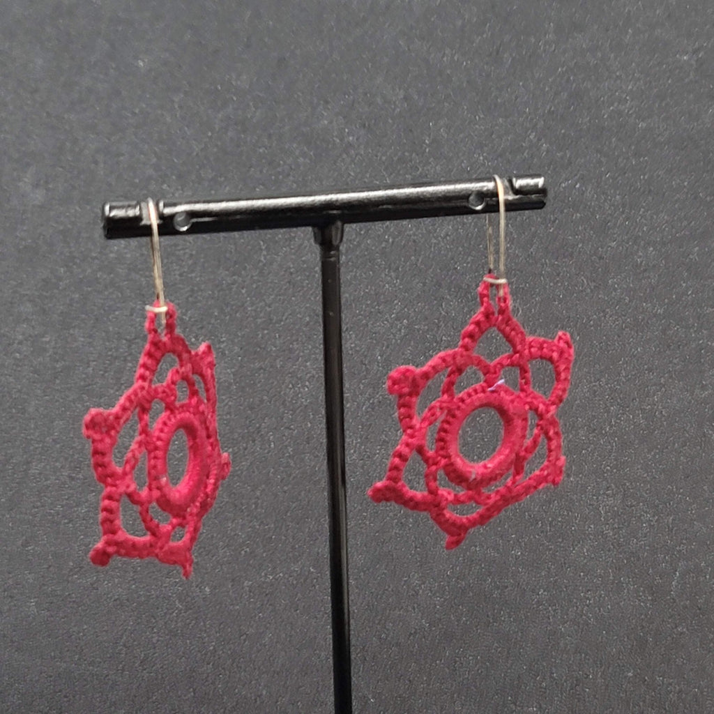 Pierced Earrings Hand Knitted Dangle Maroon Red 1.5"