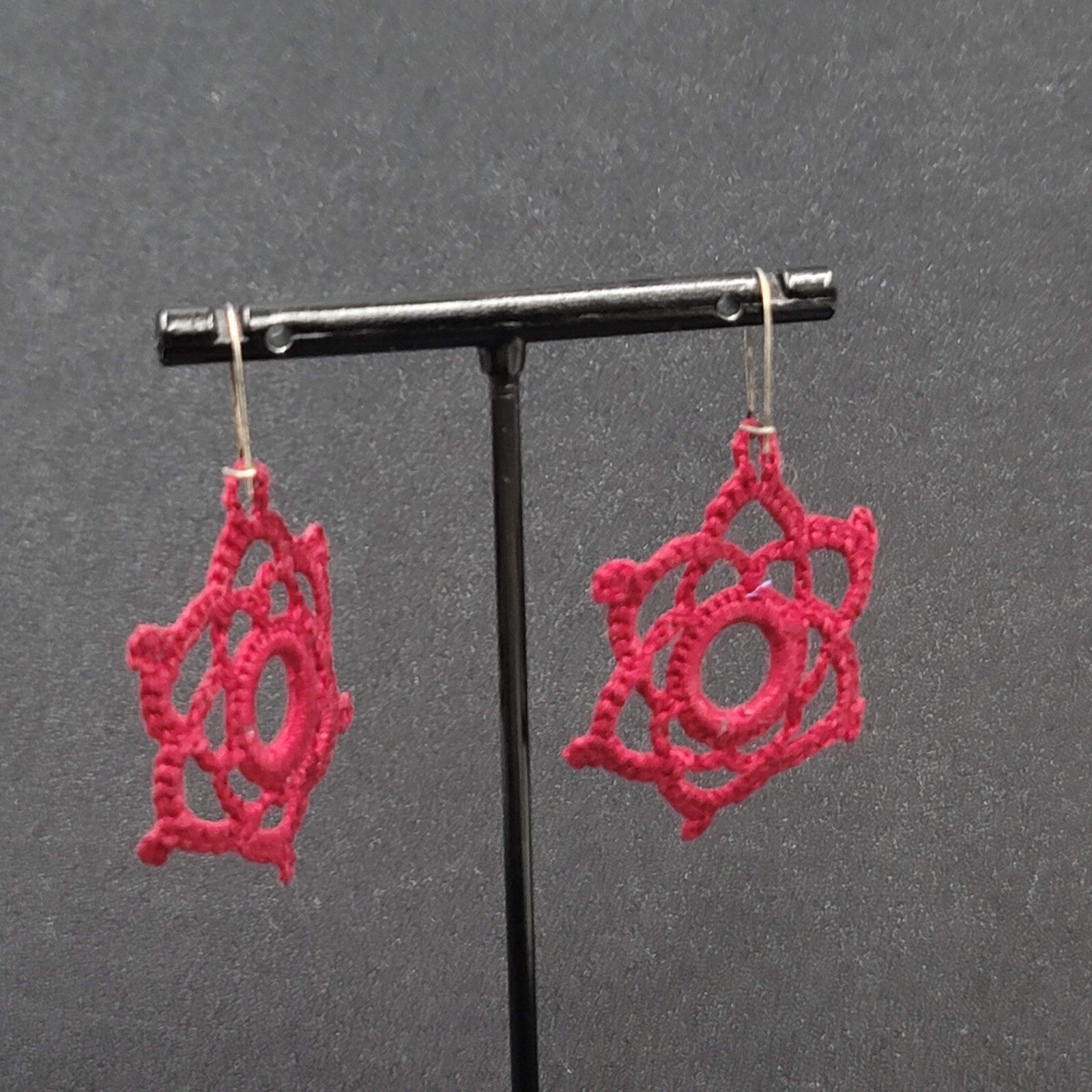 Pierced Earrings Hand Knitted Dangle Maroon Red 1.5"