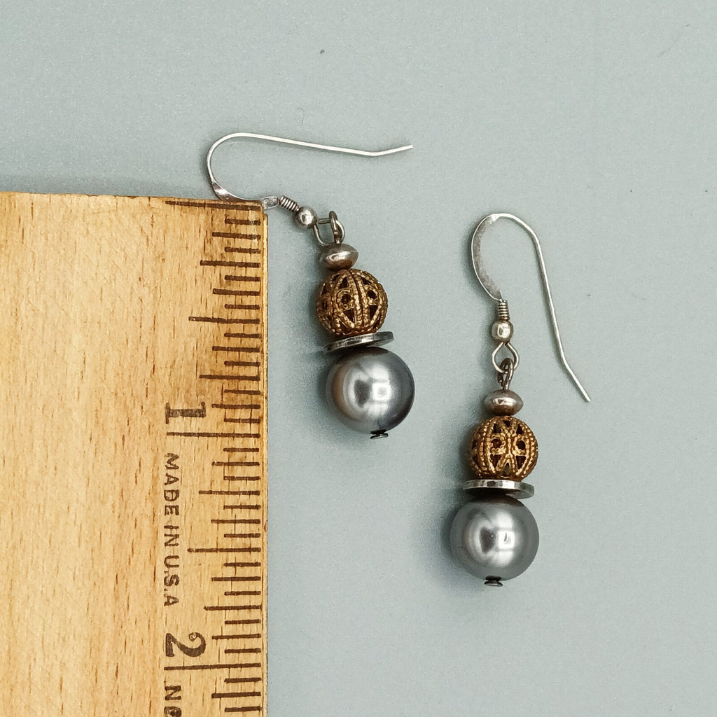 Pierced Earrings Silver tone Faux Silver Pearl Gold tone Filigree Bead Dangle 1"