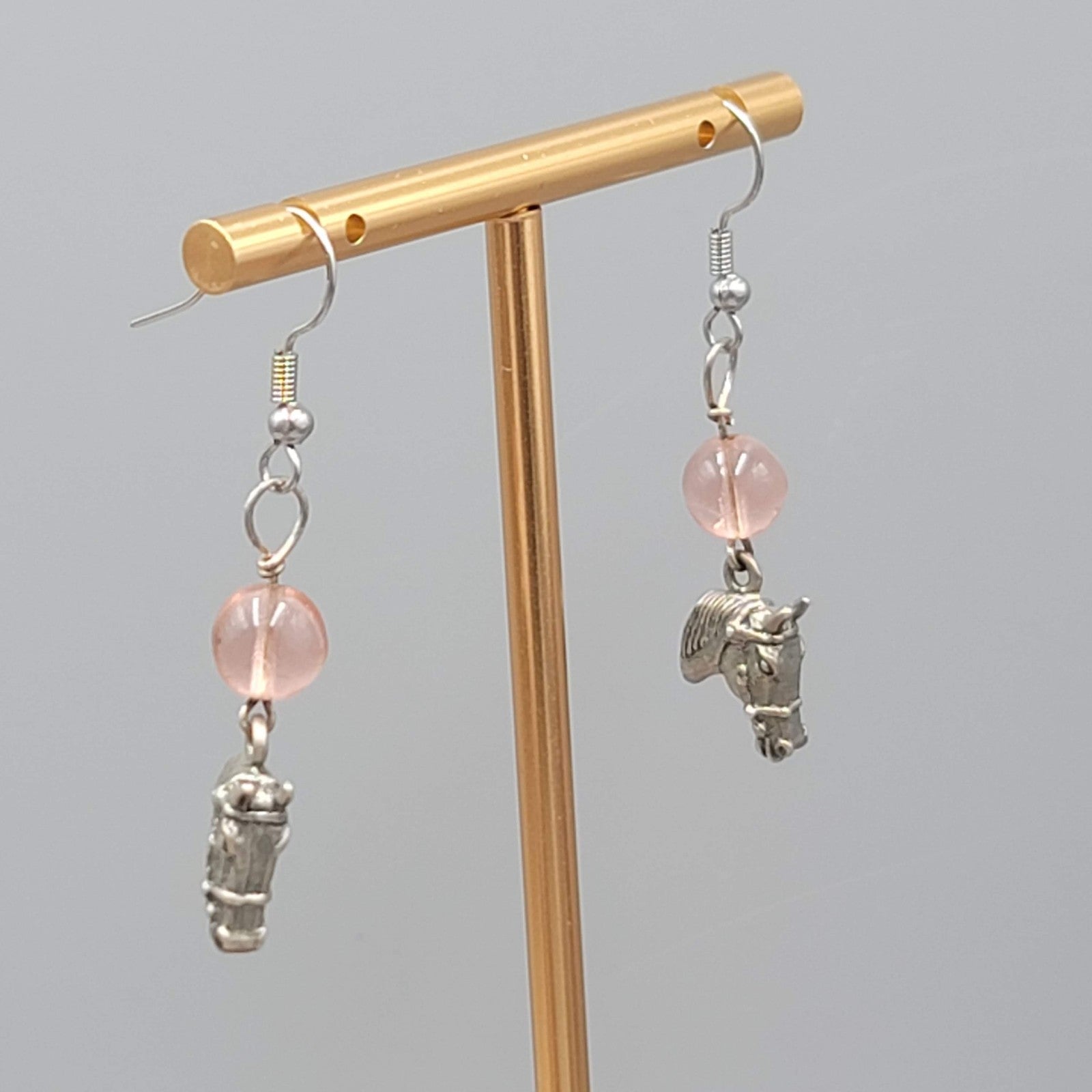 Horse Head Pink Bead Pierced Earrings Silver tone Dangle 1.25 in