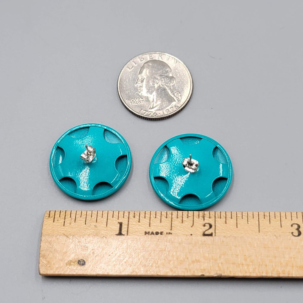 Vintage Teal Enamel Pierced Earrings Flat Round Drop 1"