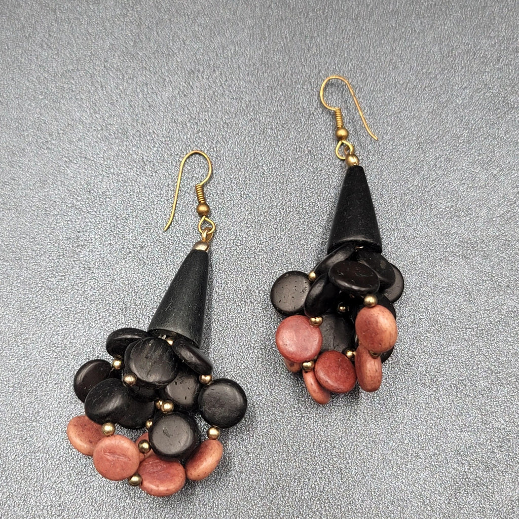 Vtg Pierced Earrings Black and Brown Wood Cluster Beads Statement Dangle  2.5"