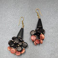 Vtg Pierced Earrings Black and Brown Wood Cluster Beads Statement Dangle  2.5"