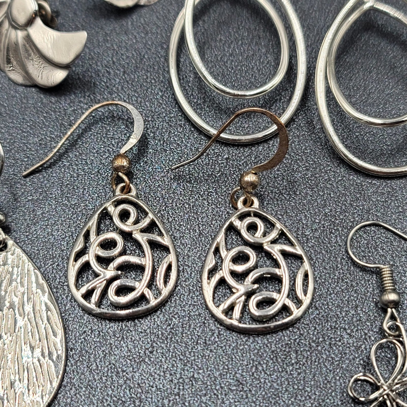 Lot of 7 Pierced Earrings Silver tone Teardrop Butterfly Hoops Wearable