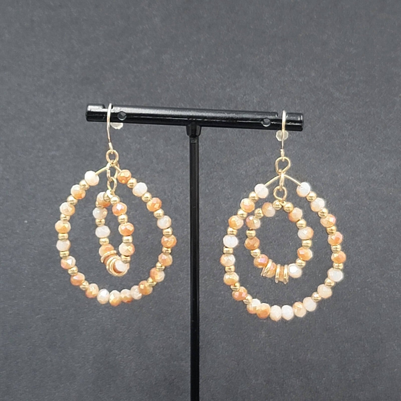 Pierced Earrings Gold tone Crystal Faceted Beaded Hoops 2"