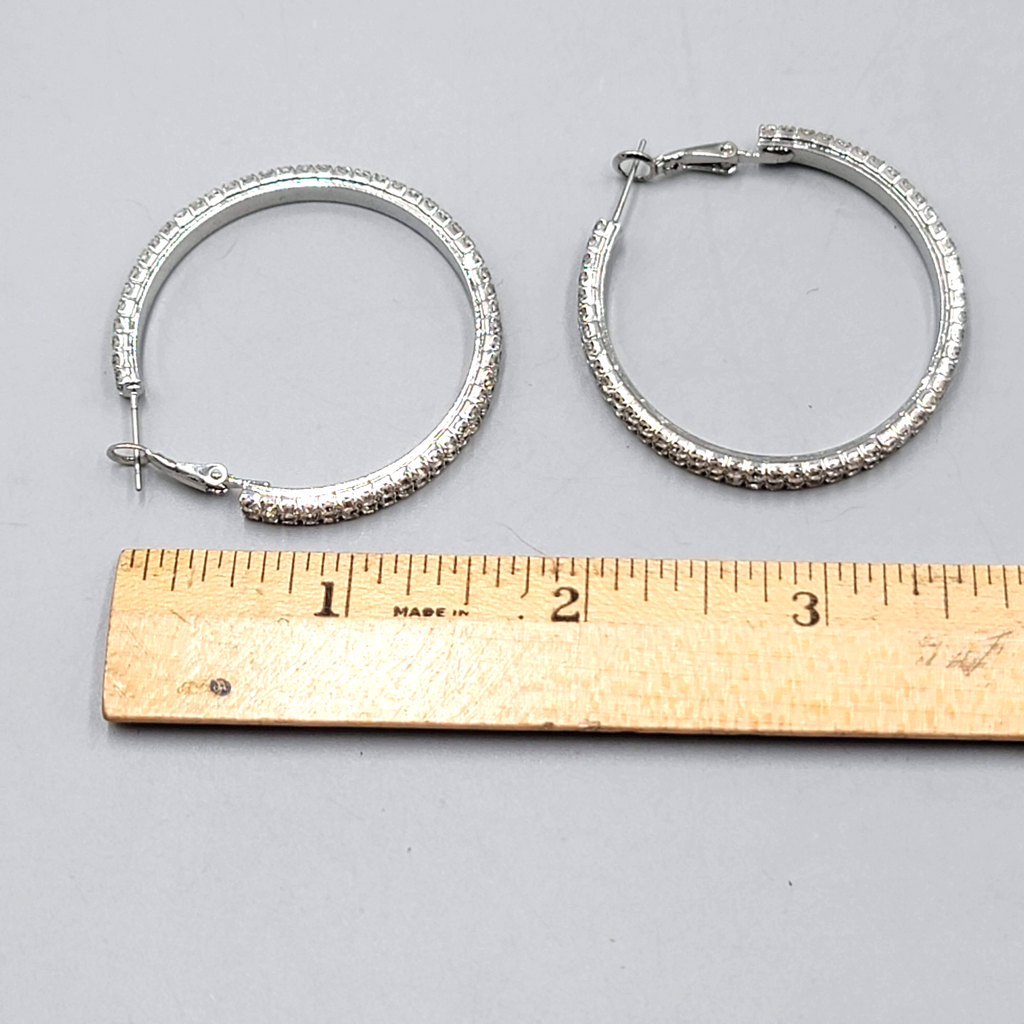 Rhinestone Studded Round Hoops Pierced Earrings Silver tone 1.5 in