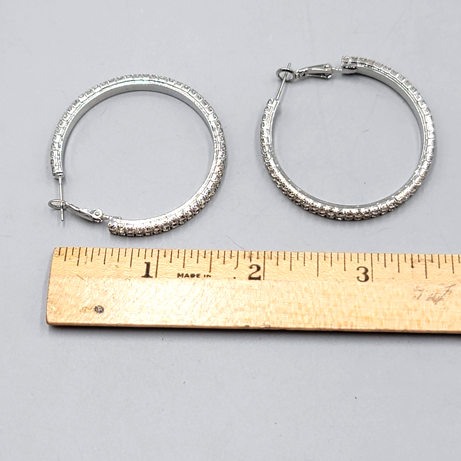Rhinestone Studded Round Hoops Pierced Earrings Silver tone 1.5 in
