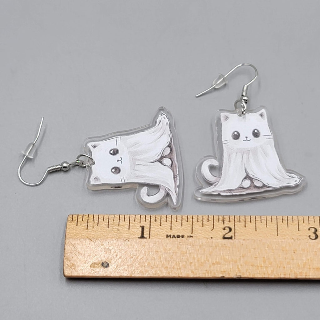 Halloween Ghost Kitty Cat Pierced Earrings Silver tone Dangle 1.5 in