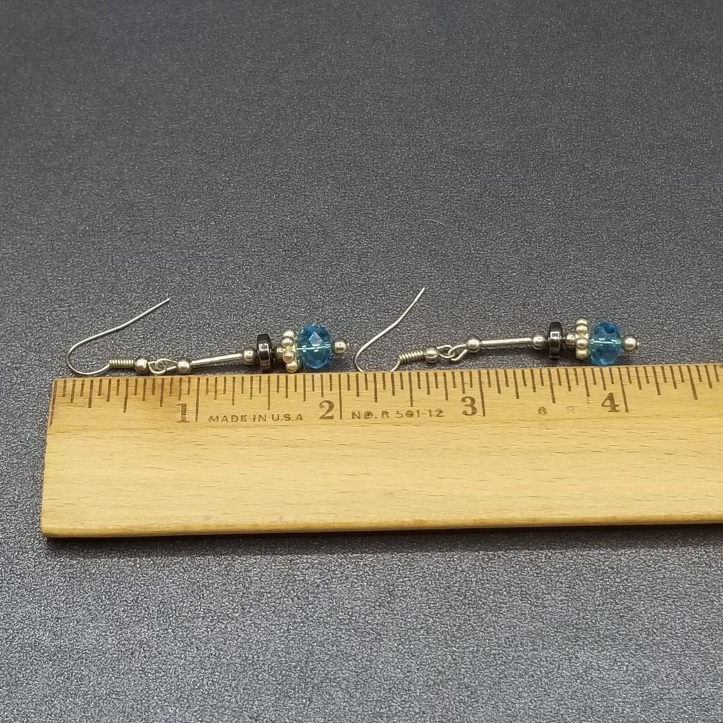 Pierced Earrings Silver tone Blue Faceted Crystal Hematite Bead Dangle 1 1/4"