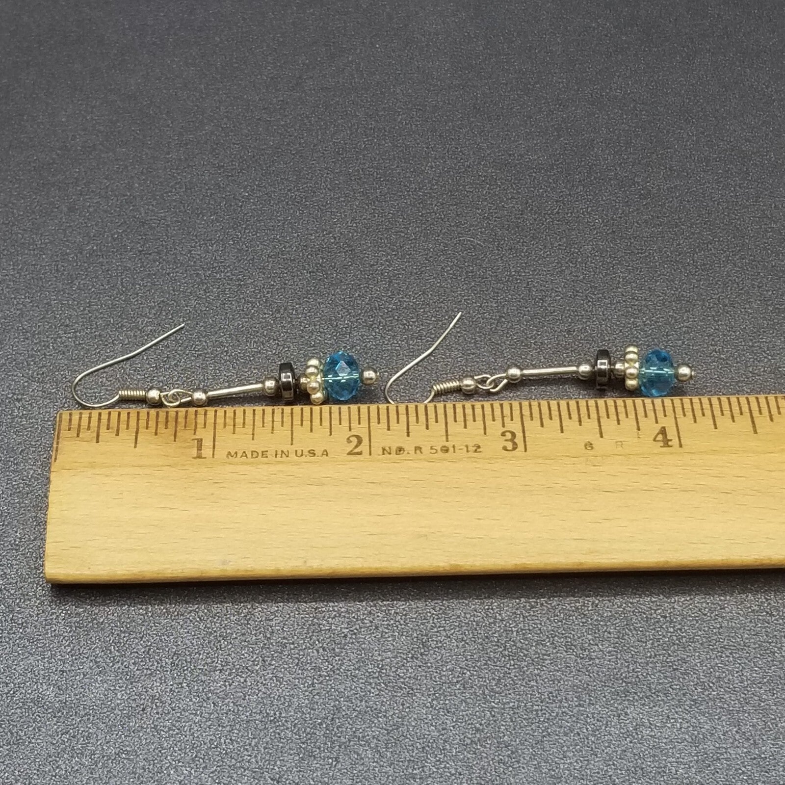 Pierced Earrings Silver tone Blue Faceted Crystal Hematite Bead Dangle 1 1/4"