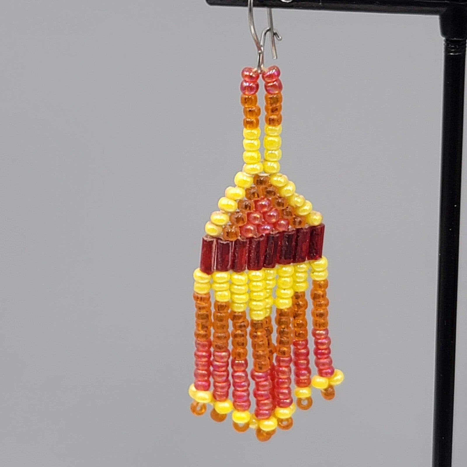 Vintage Seed Bead Pierced Earrings Orange Yellow Red Dangle 2"