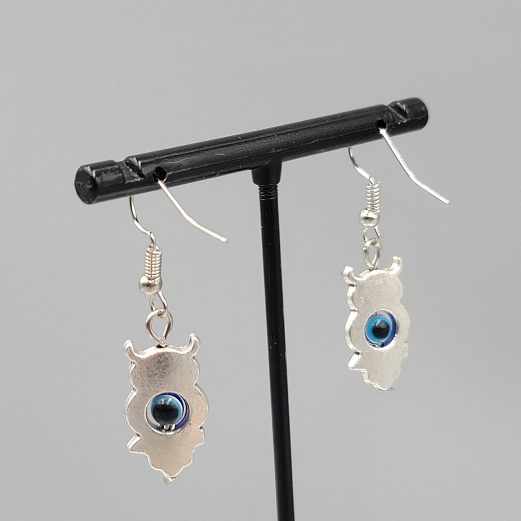 Owl Evil Eye Pierced Earrings Silver tone Blue Bead Dangle 1"