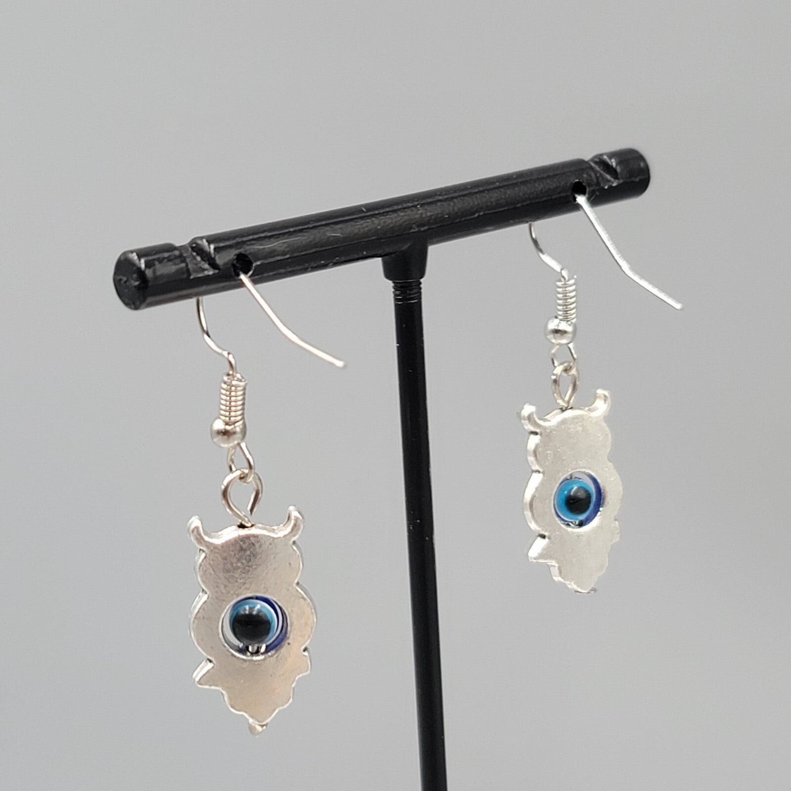 Owl Evil Eye Pierced Earrings Silver tone Blue Bead Dangle 1"