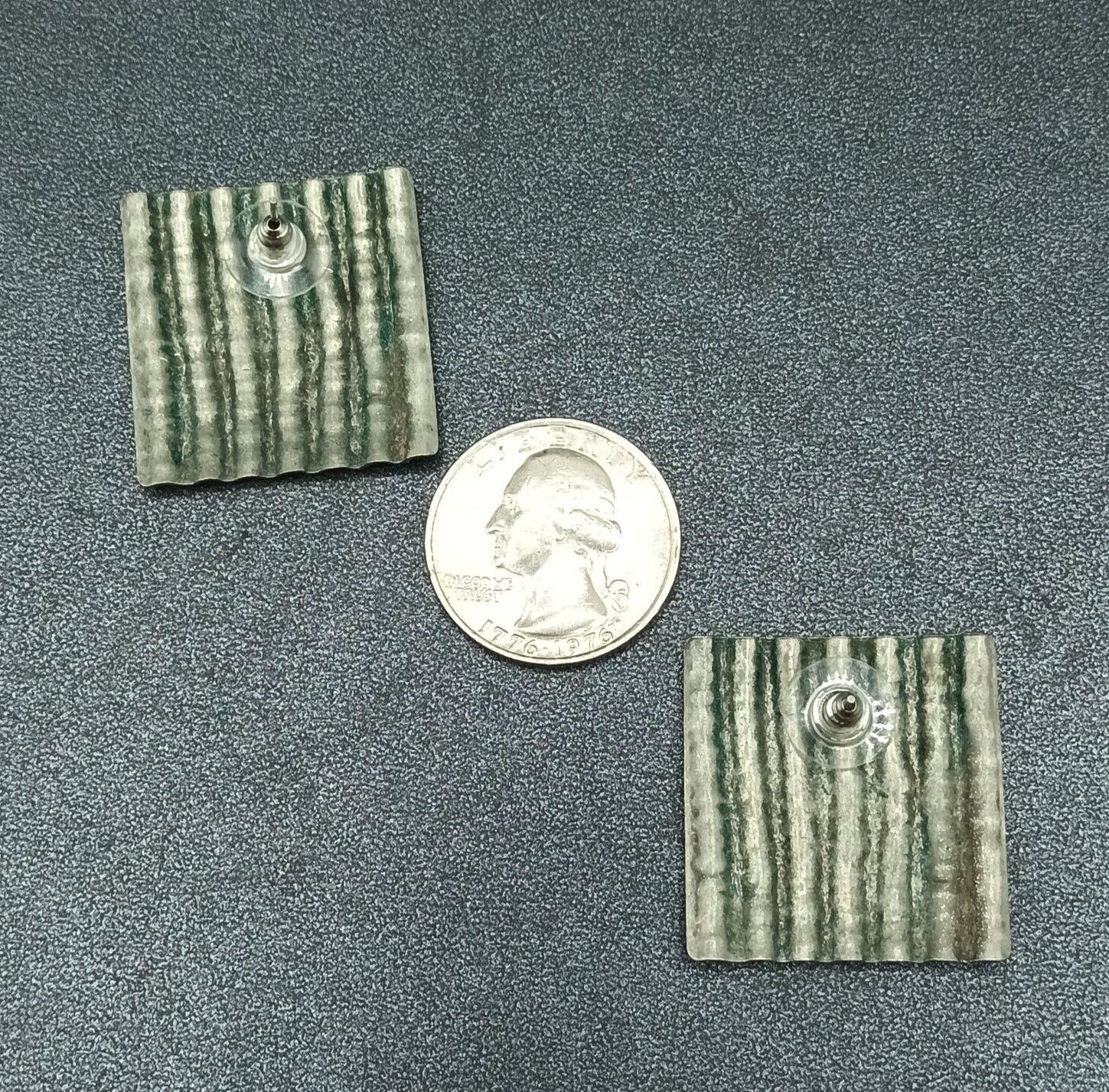 Pierced Earrings Silver tone Corrugated Metal Square Drop 1 1/8"