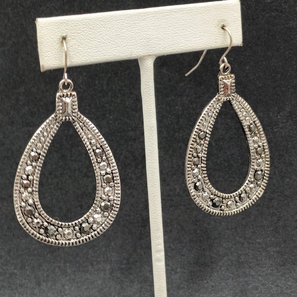 Pierced Earrings Textured Silver tone Open Teardrop Statement Dangle 1 7/8"
