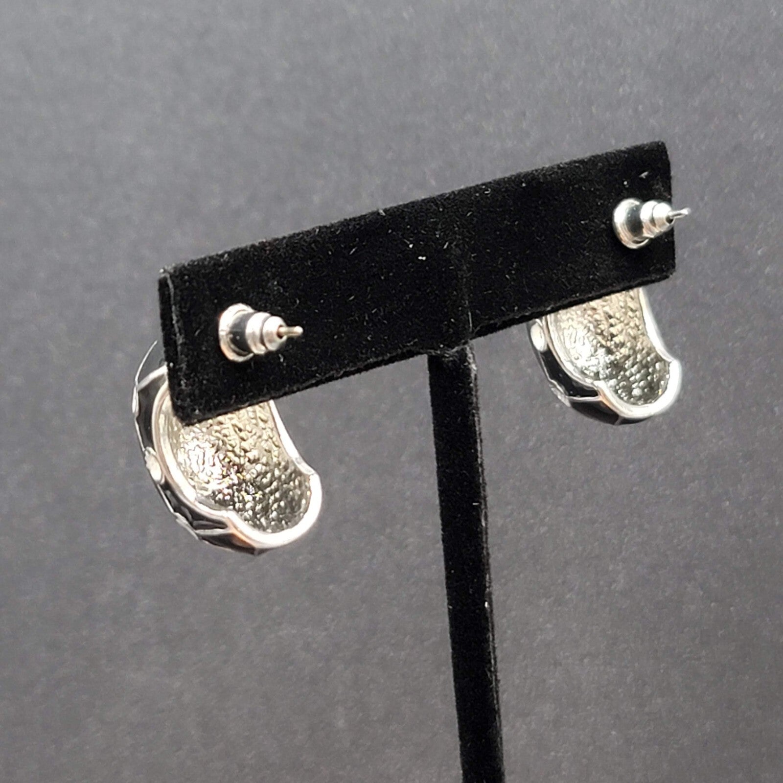 Vintage Pierced Earrings Black Enamel White Glitter Dots Half Hoops 7/8"
