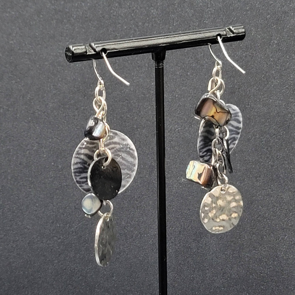 Pierced Earrings Silver tone Dangle Black Shell Beads 2"