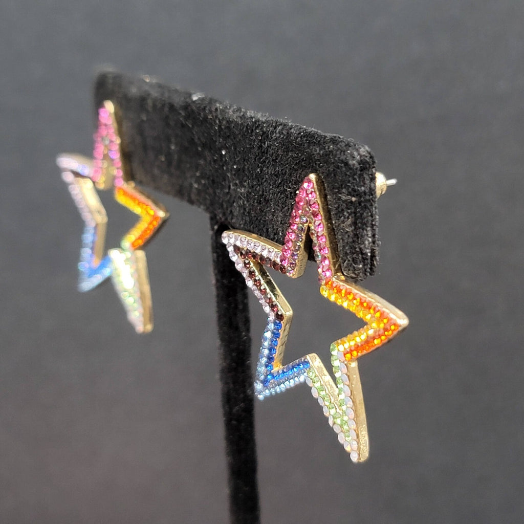 Open Star Pierced Earrings Multicolor Tiny Crystals Drop 1.25"