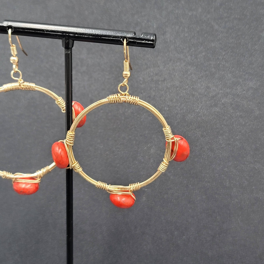 Pierced Earrings Gold tone Orange Stone Bead Dangle Hoops 1.75"