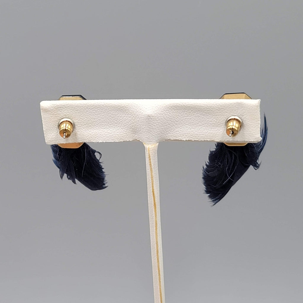 Real Feather Dark Blue Rhinestone Pierced Earrings Drop 1.5 in