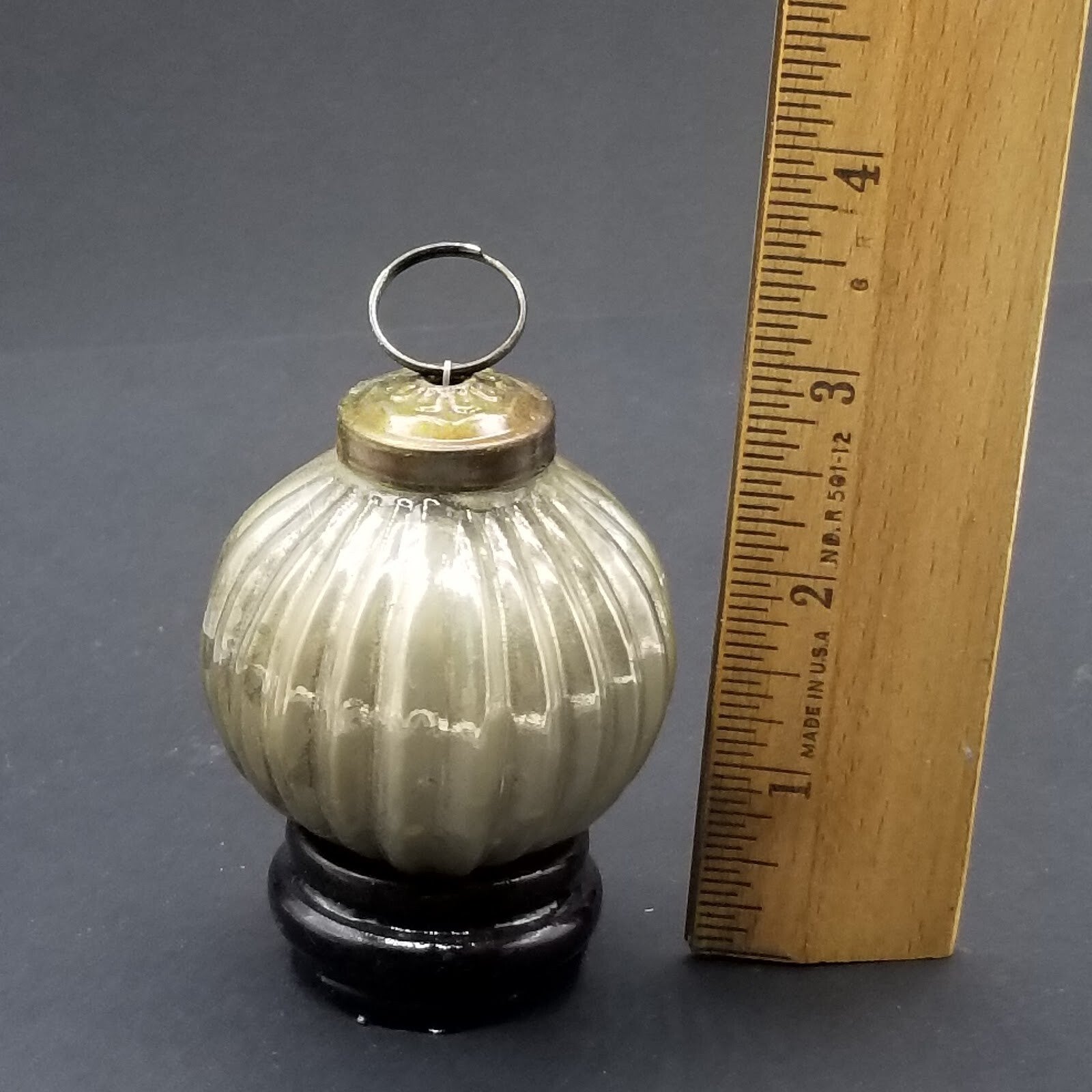 Vintage Kugel Style Silver Gray Blown Glass Ribbed Christmas Ornament 2"