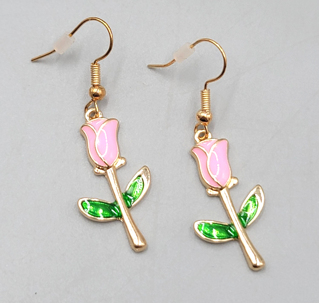 Pink Rose Bud Flower Dangle Pierced Earrings Gold Tone Enamel 1.25"