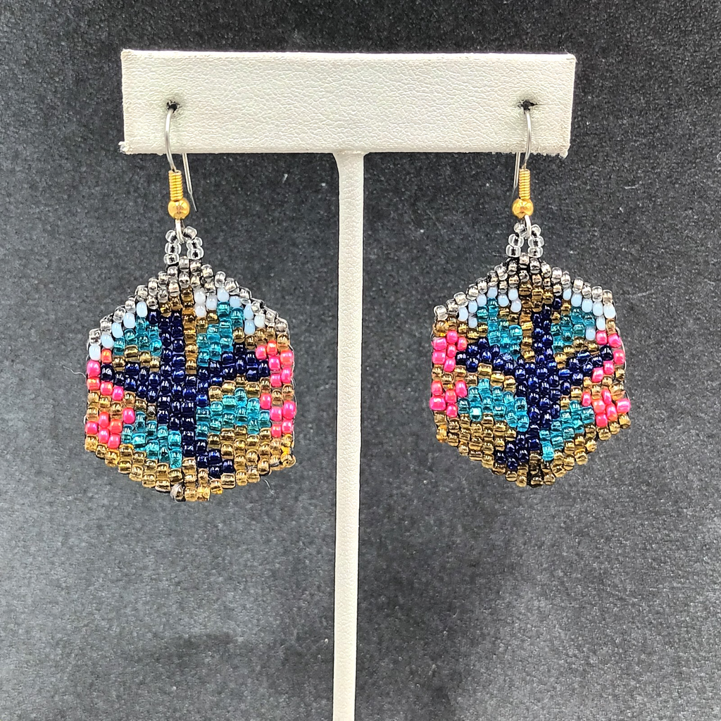 Pierced Earrings Multicolor Seed Bead Art Silver tone Hook Dangle 1 1/2"
