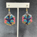 Pierced Earrings Multicolor Seed Bead Art Silver tone Hook Dangle 1 1/2"