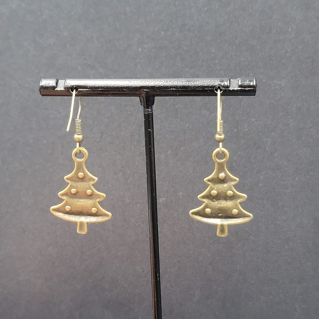 New Christmas Tree Pierced Earrings Embossed Bronze tone Dangle 1"
