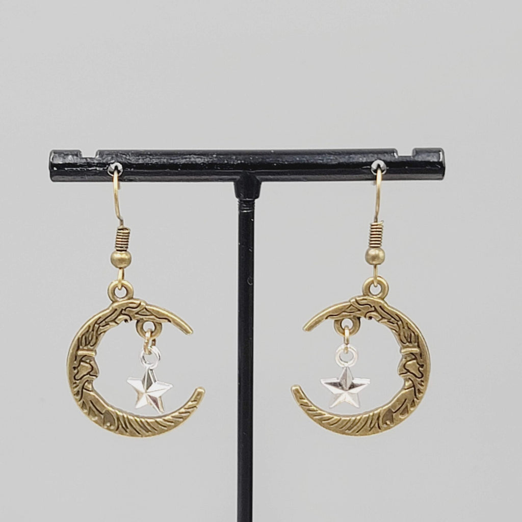 New Man in the Crescent Moon Pierced Earrings Bronze tone Silver Star Dangle 1"