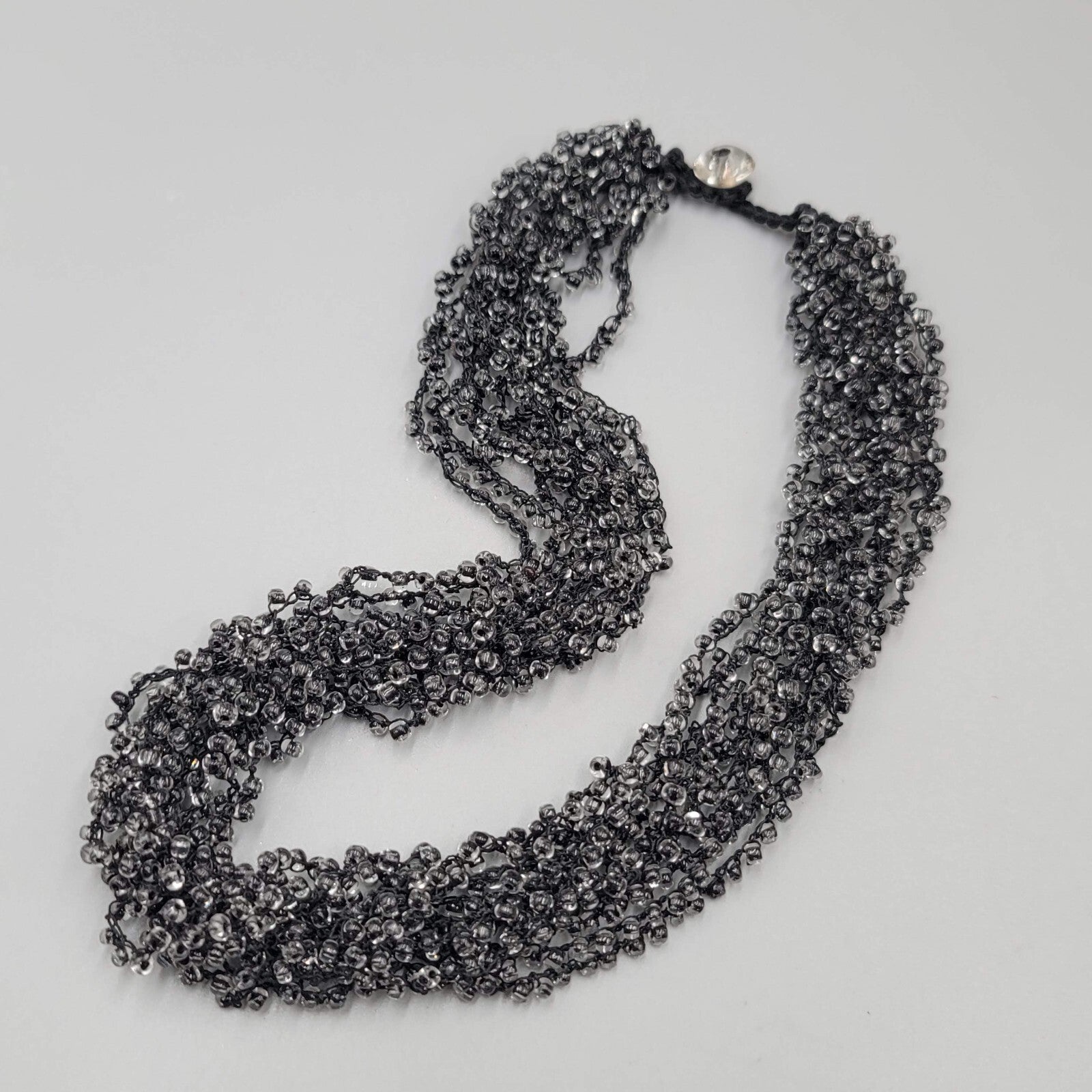 Multi Strand Black Bead Layered Necklace Button Closure 18"