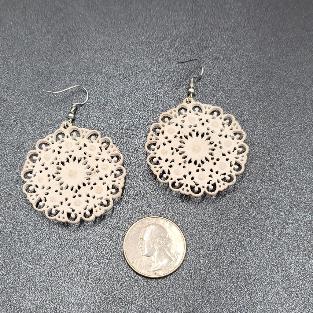 Pierced Earrings White Enamel Rhinestone Medallion Open Work 1.75"