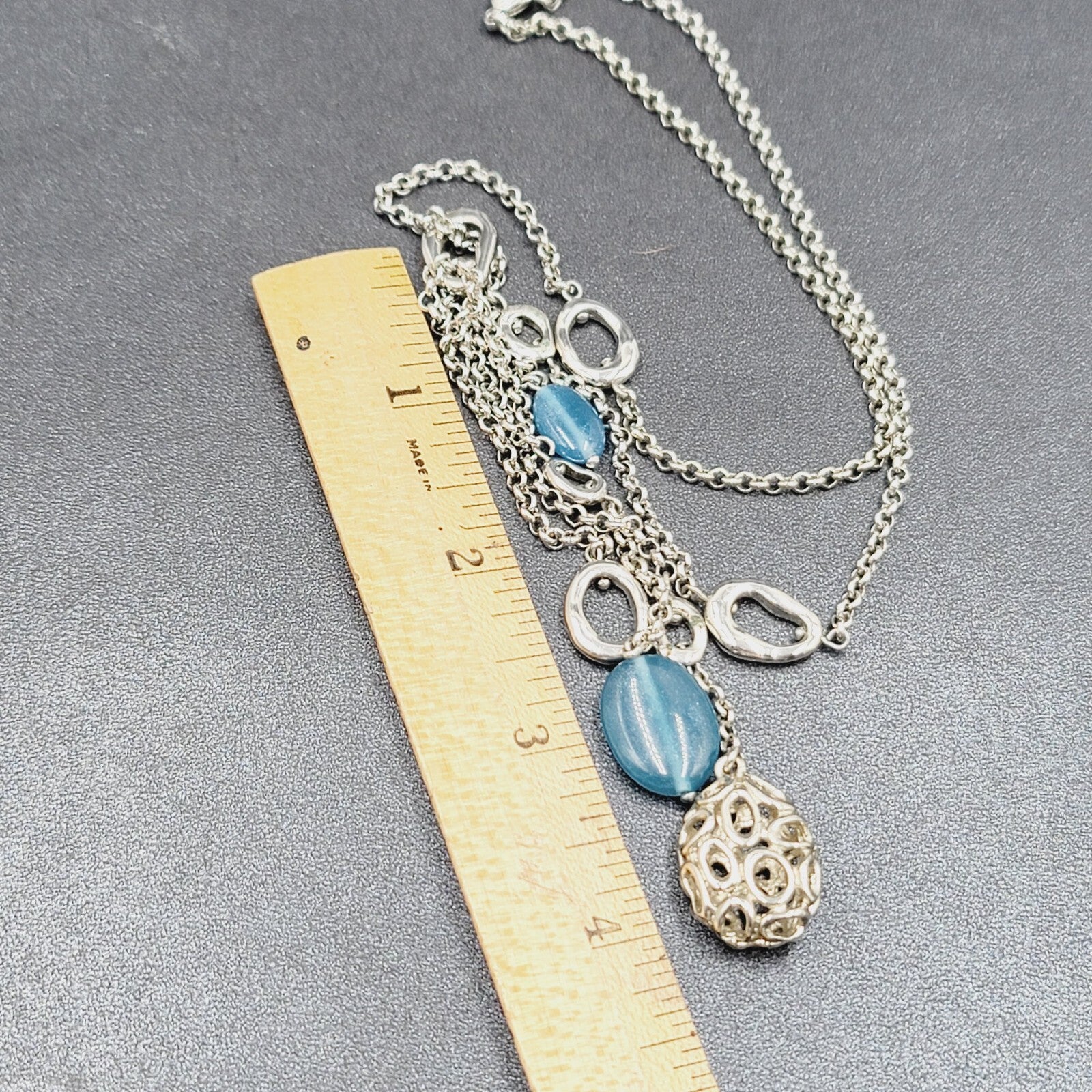 Y Necklace Hematite Silver tone Blue Bead Accent Multi Chain 18" + 5"