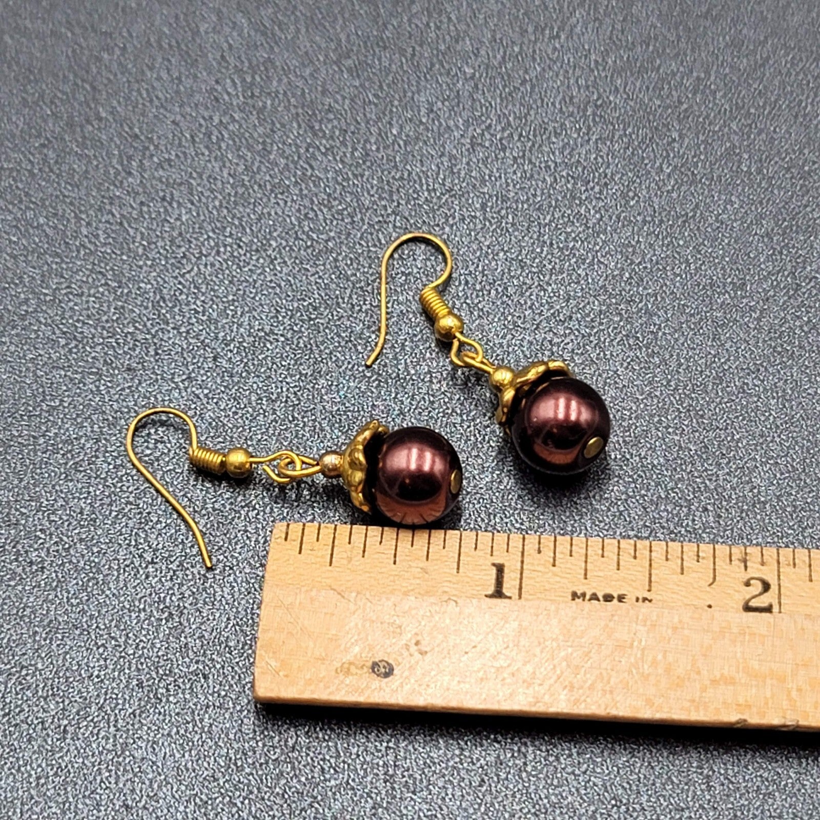 Pierced Earrings Gold tone Bronze Bead Capped Bead Dangle 3/4"