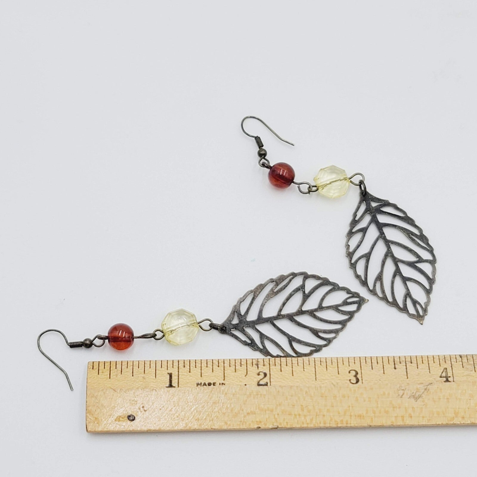 Long Pierced Earrings Beaded Open Work Leaf 3"
