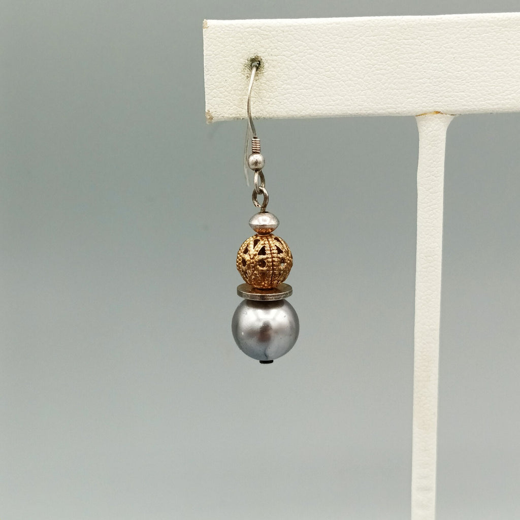 Pierced Earrings Silver tone Faux Silver Pearl Gold tone Filigree Bead Dangle 1"
