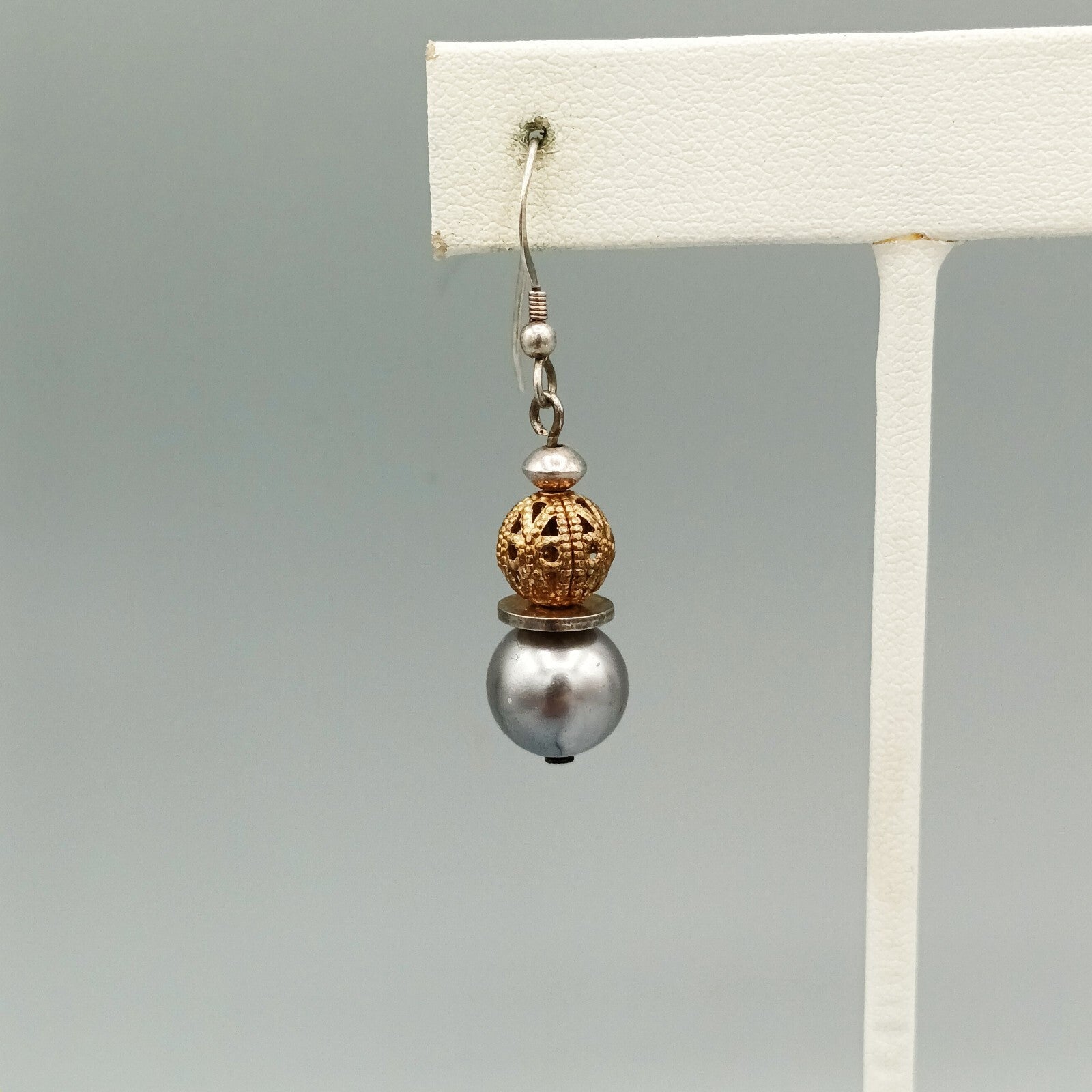 Pierced Earrings Silver tone Faux Silver Pearl Gold tone Filigree Bead Dangle 1"