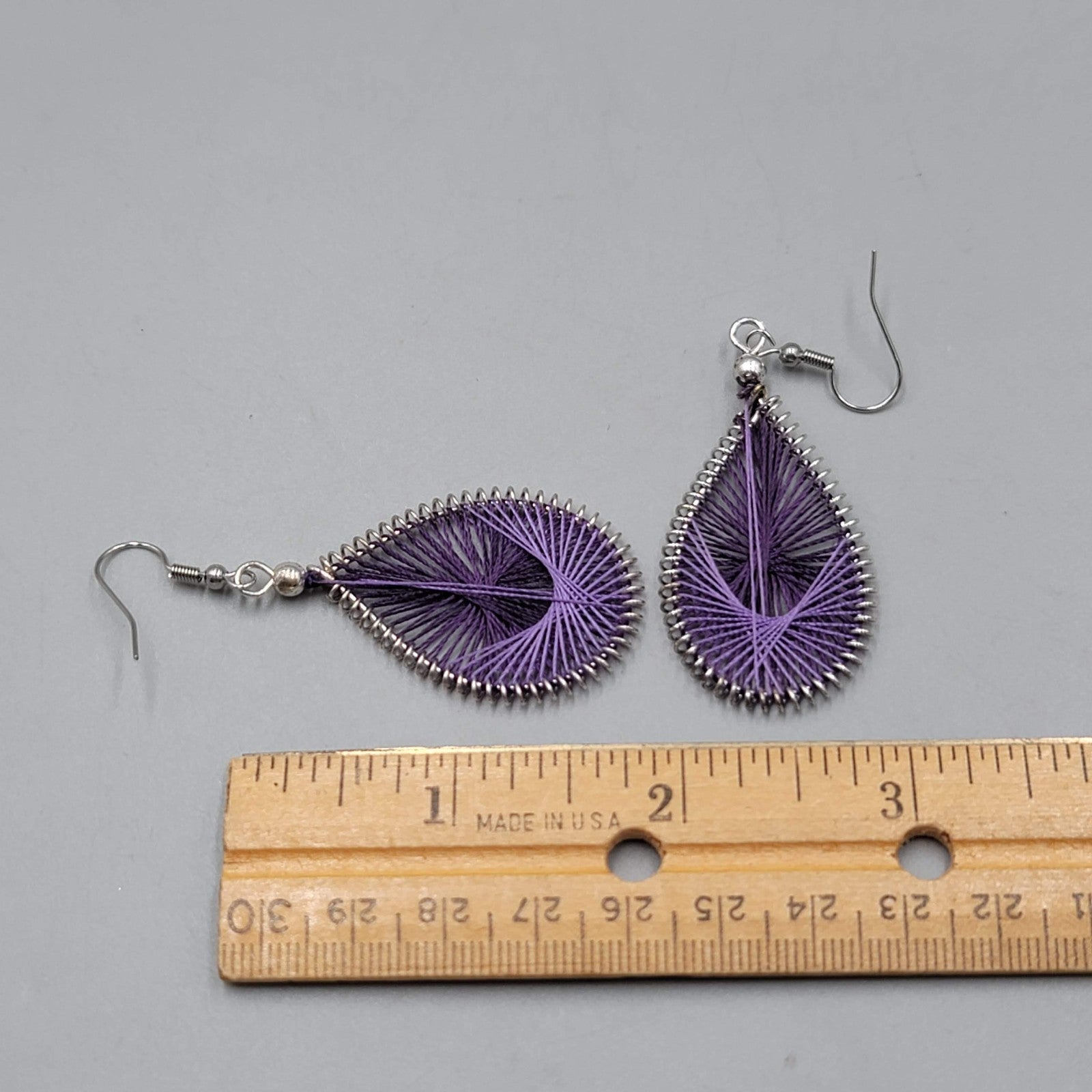 Purple String Art Pierced Earrings Silver tone Dangle 1.75 in