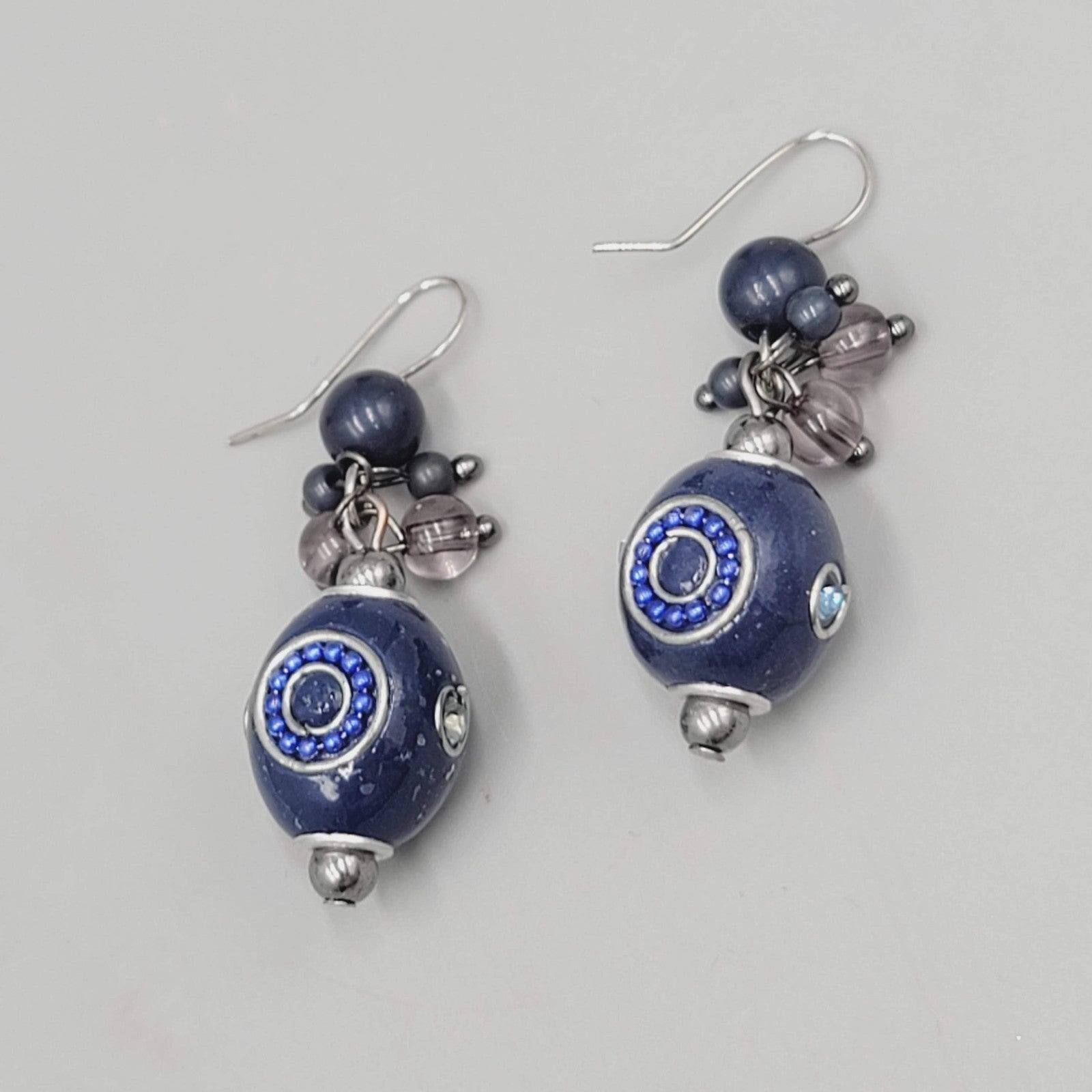 Blue Bead Pierced Earrings Crystal Silver tone Dangle 1.25 in