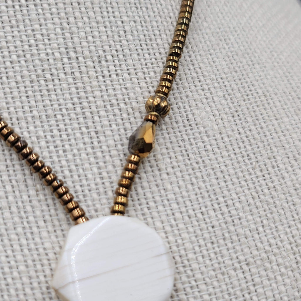Signed Holly Necklace Gold tone Seed Bead White Stone Pendant Tassels 16"-18"