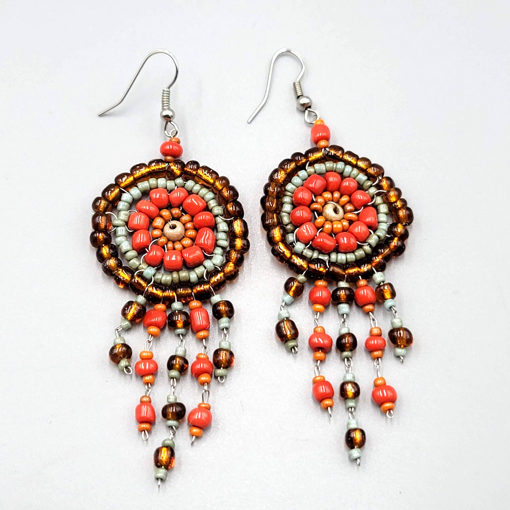 Medallion Bead Pierced Earrings Silver tone Dangle Orange Brown Blue 2.25"